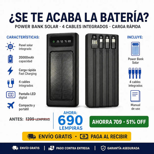 🔋☀️ Power Bank Solar 20,000mAh — 4 Cables Integrados | Carga Rápida | Pantalla LED | Envío Gratis 🚀⚡