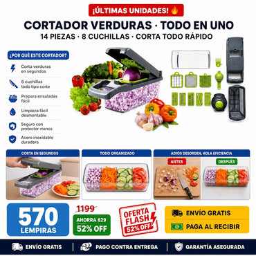 🥦🔪 Cortadora de Verduras 14 en 1 — 8 Cuchillas de Acero | Sin Llorar Picando Cebolla | Todo en Minutos ⚡✨