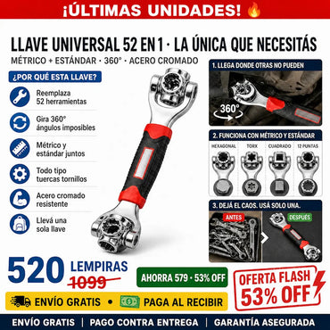 Llave Multifuncional 52 en 1 — Cabezal Giratorio 360° | Métrico y Estándar | Acero Alto Carbono ⚙️✨