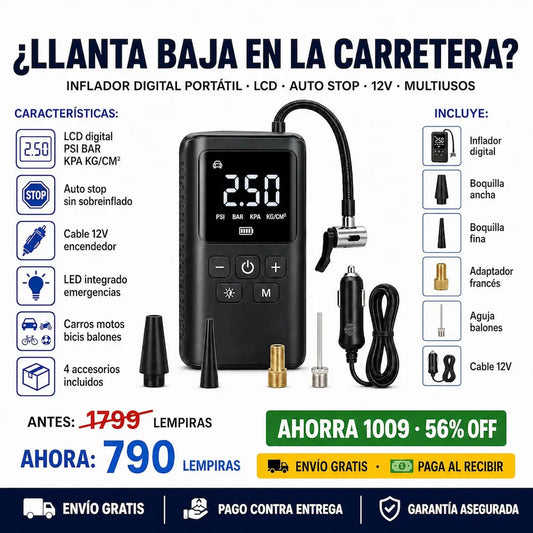 Compresor de Aire Digital Portátil — Apagado Automático | Pantalla LCD | Para Carro, Moto y Bici ⚡🛞