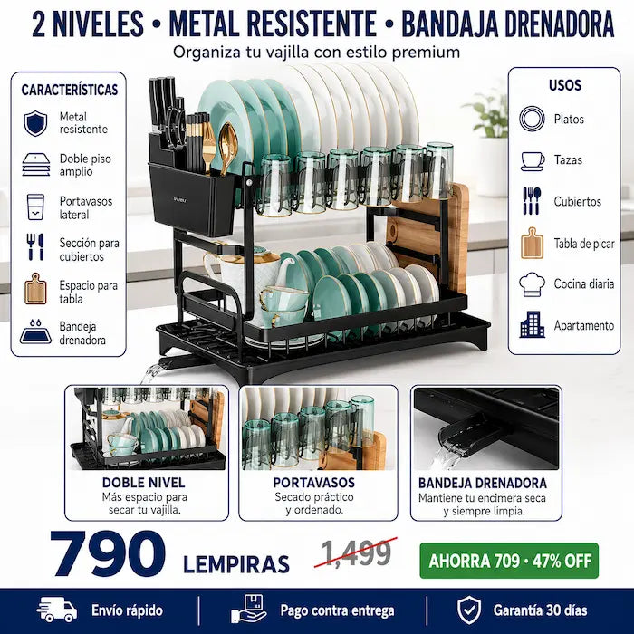 Escurridor de Platos 2 Niveles con Bandeja Drenadora — Doble Capacidad, Acabado Premium