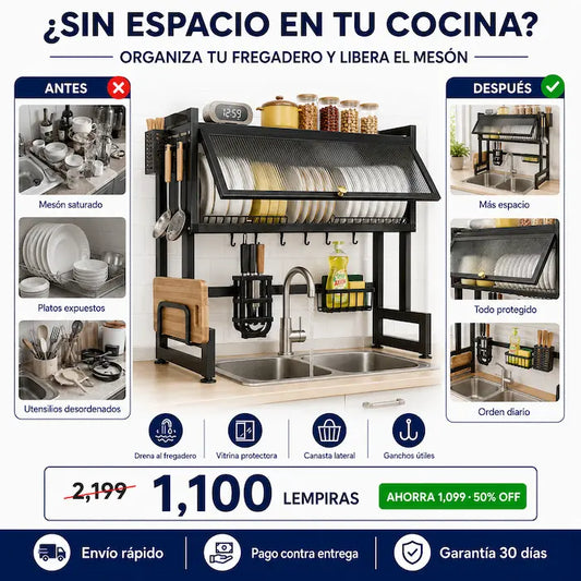 Organizador de Cocina Sobre el Fregadero con Vitrina — Libera el 100% del Mesón