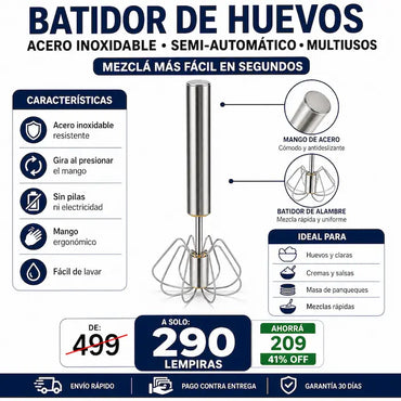 Batidor de Huevos Semi-Automático Manual de Acero Inoxidable — Bate Solo Al Presionar, Sin Pilas ni Electricidad