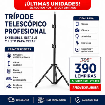Trípode Telescópico Profesional Extensible — Para Celular, Cámara, Aro de Luz y Más