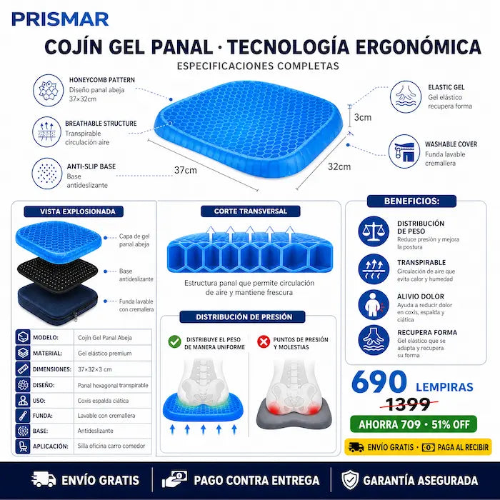 💺 Cojín de Gel Panal — ¡Adiós al Dolor de Espalda al Sentarte!