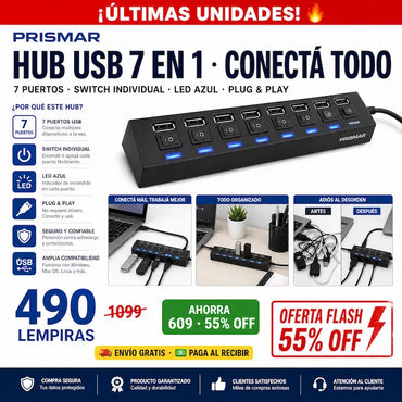 💻⚡ Hub USB 7 en 1 con Switch Individual — LED Azul | Plug & Play | Negro o Blanco 🖥️✅