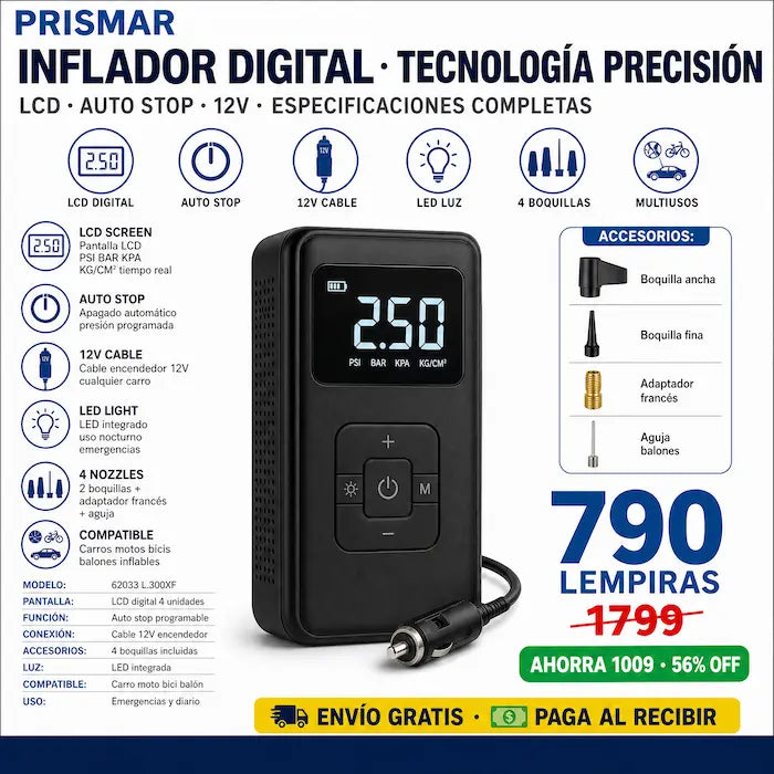 🚗📟 Compresor de Aire Digital Portátil — Apagado Automático | Pantalla LCD | Para Carro, Moto y Bici ⚡🛞
