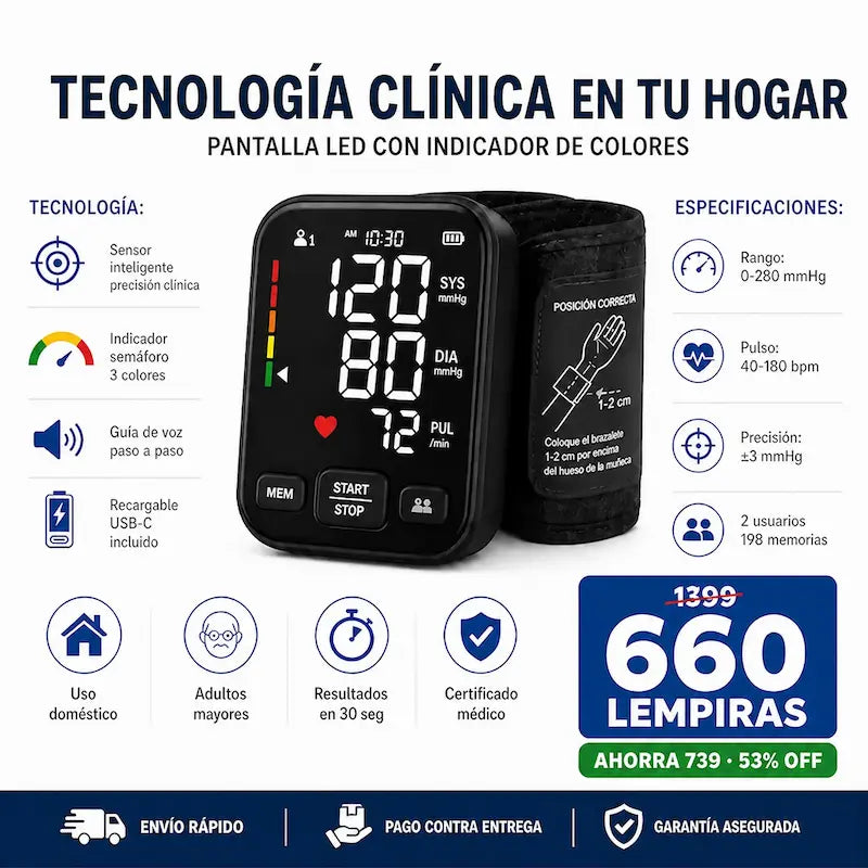 NUEVO Monitor Digital 2026 de Presión Arterial de Muñeca – Pantalla LED, Memoria Doble y Voz Guía + seguro de Garantía