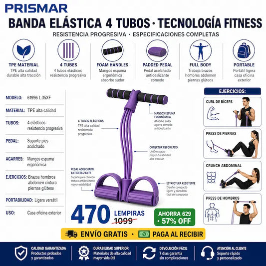 💪⚡ Banda de Resistencia con Pedal — Gym en Casa | Brazos, Abdomen y Piernas | Sin Membresía 🏋️🇭🇳
