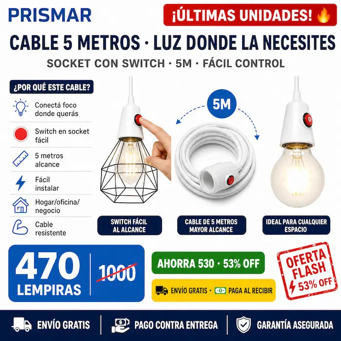 ⚡ Extensión Eléctrica 5 Metros con Switch — ¡Alcanzá Cualquier Rincón de tu Hogar!