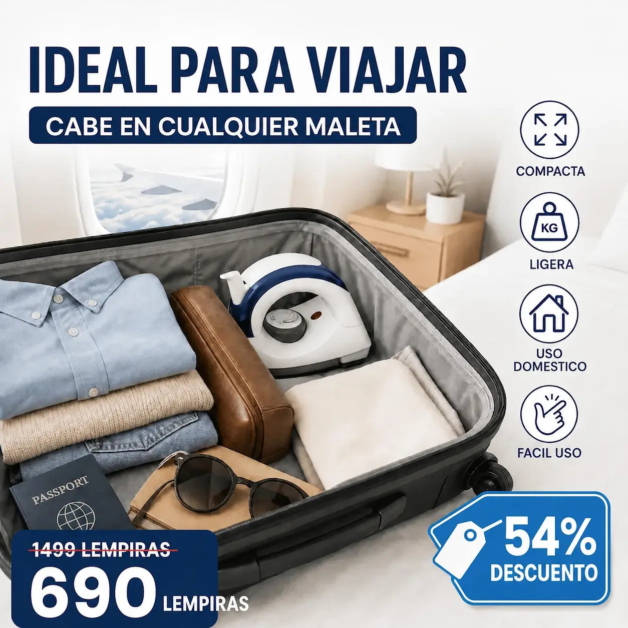 Plancha Portátil Plegable de Viaje — Vapor · 3 Temperaturas · 460g · 110V Honduras