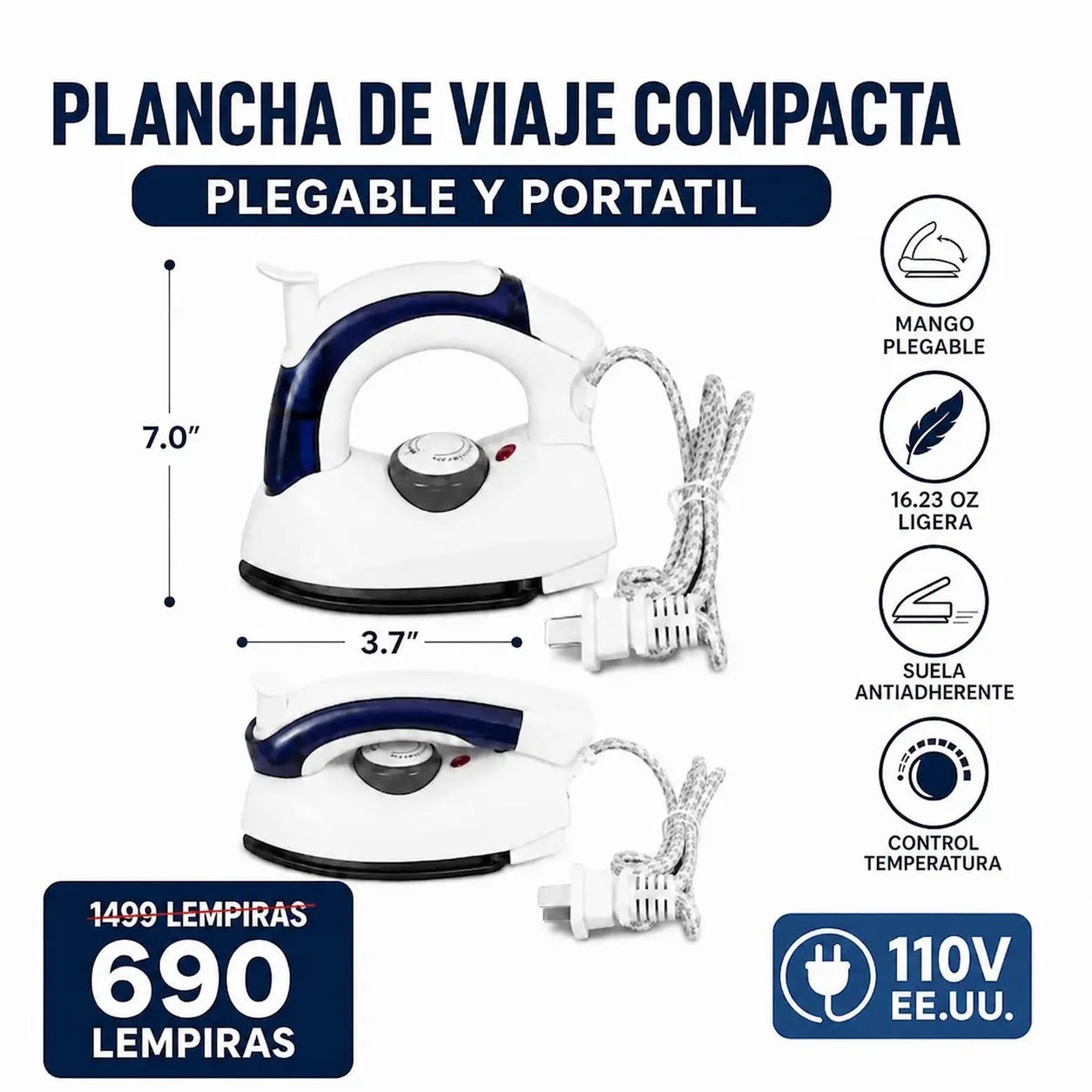 Plancha Portátil Plegable de Viaje — Vapor · 3 Temperaturas · 460g · 110V Honduras
