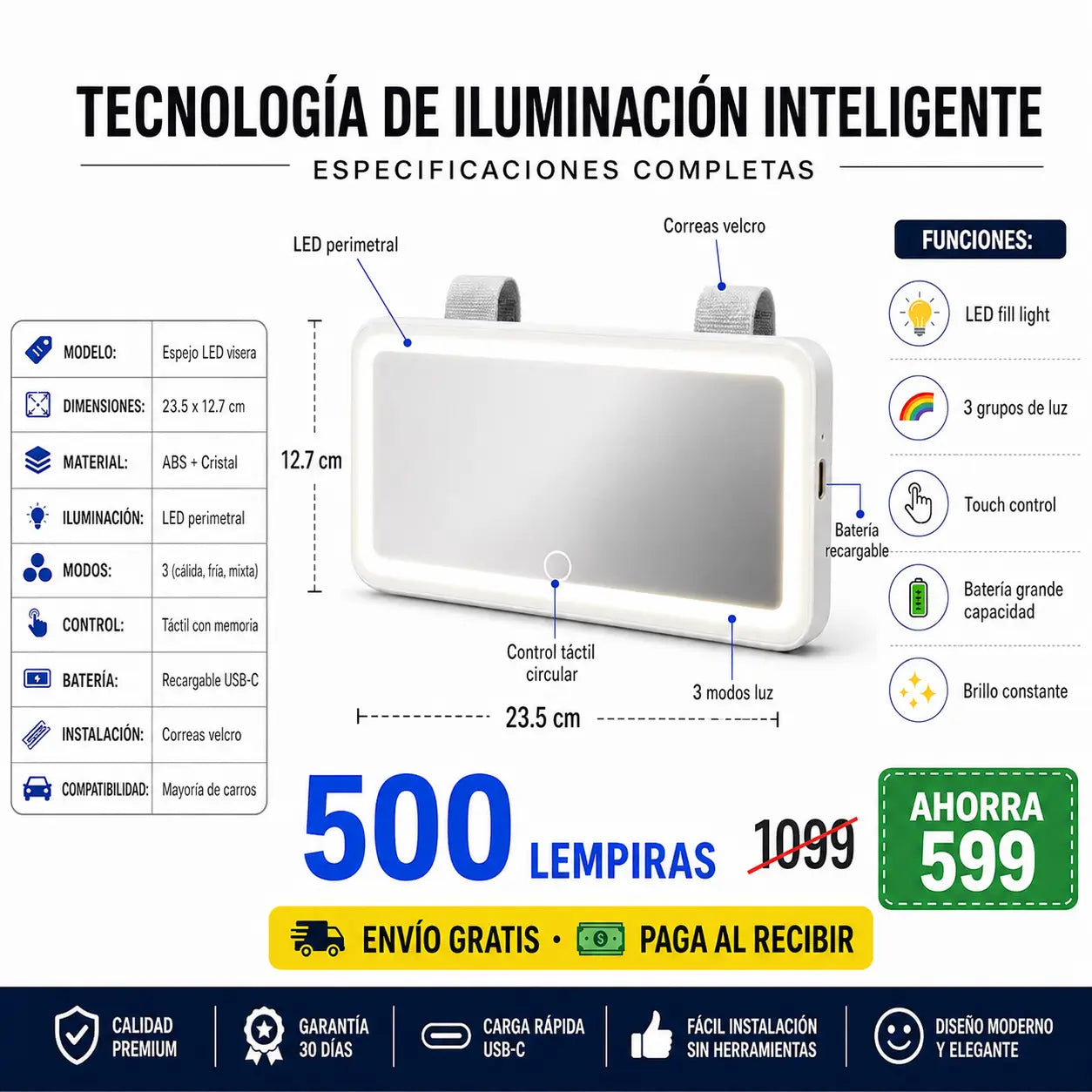 💄 Espejo LED para Visera — ¡Maquillate Perfecta en tu Carro!