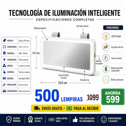 💄 Espejo LED para Visera — ¡Maquillate Perfecta en tu Carro!