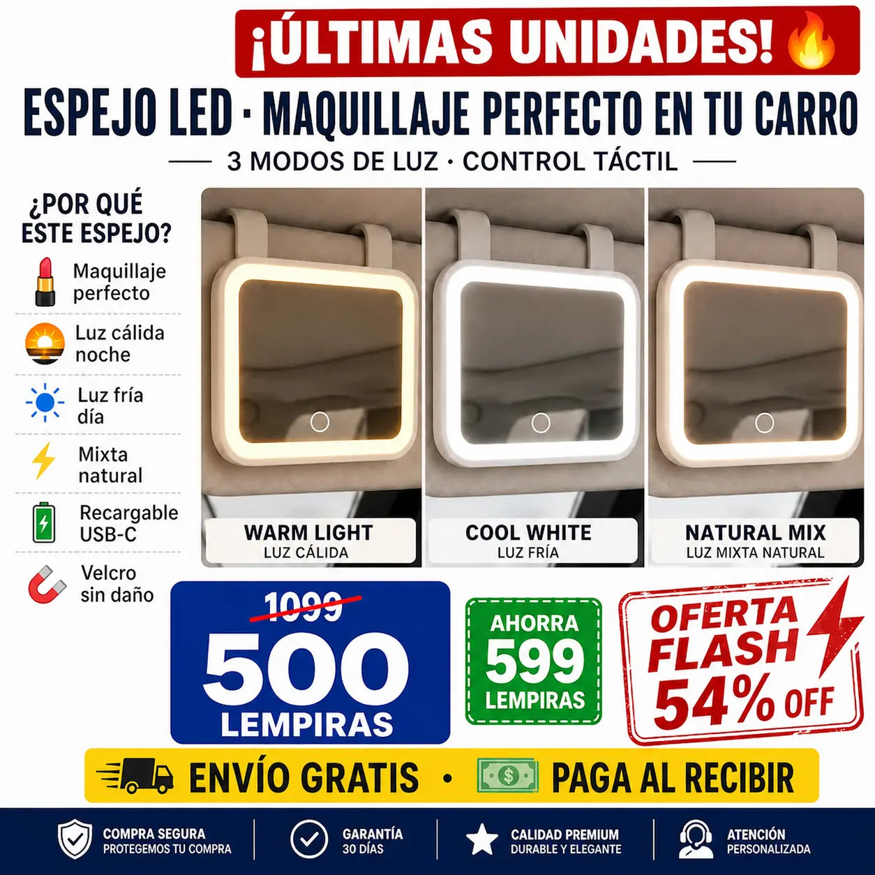 💄 Espejo LED para Visera — ¡Maquillate Perfecta en tu Carro!