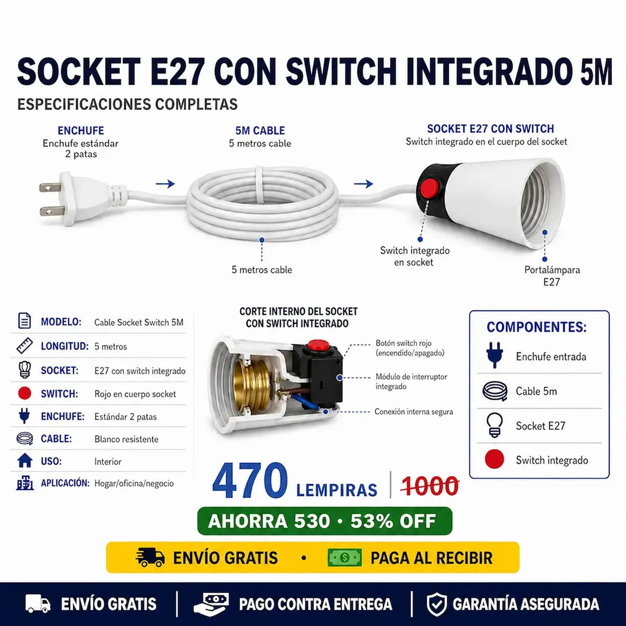 ⚡ Extensión Eléctrica 5 Metros con Switch — ¡Alcanzá Cualquier Rincón de tu Hogar!