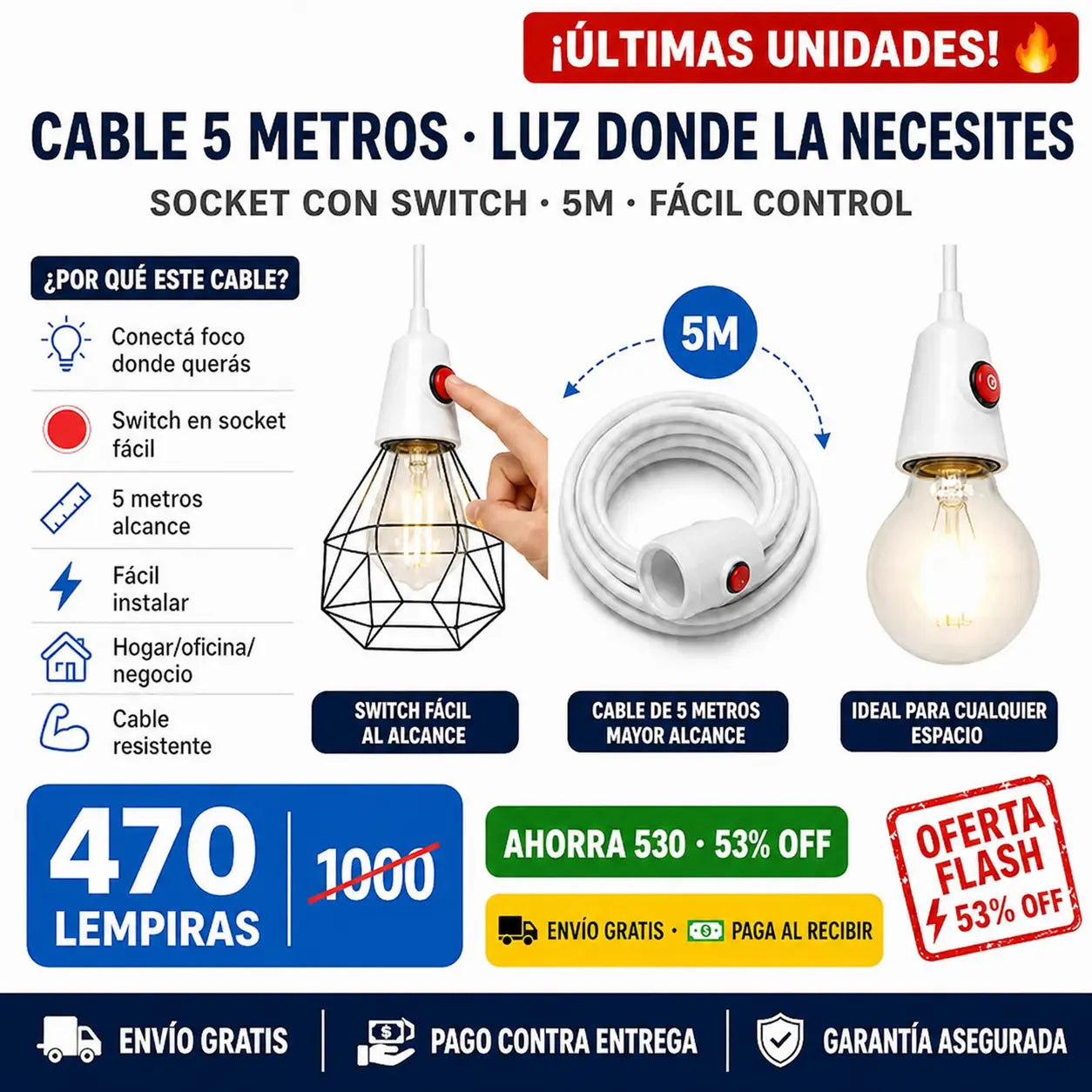 ⚡ Extensión Eléctrica 5 Metros con Switch — ¡Alcanzá Cualquier Rincón de tu Hogar!