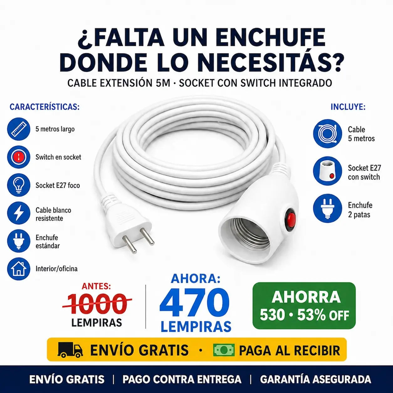 ⚡ Extensión Eléctrica 5 Metros con Switch — ¡Alcanzá Cualquier Rincón de tu Hogar!