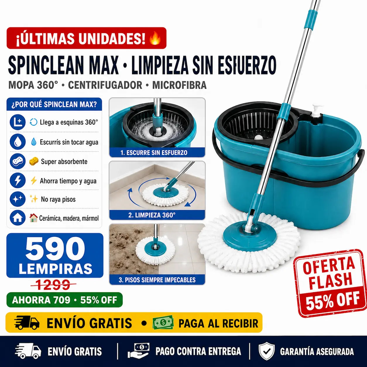 🧹 SpinClean Max — ¡Pisos Impecables Sin Ensuciar las Manos!