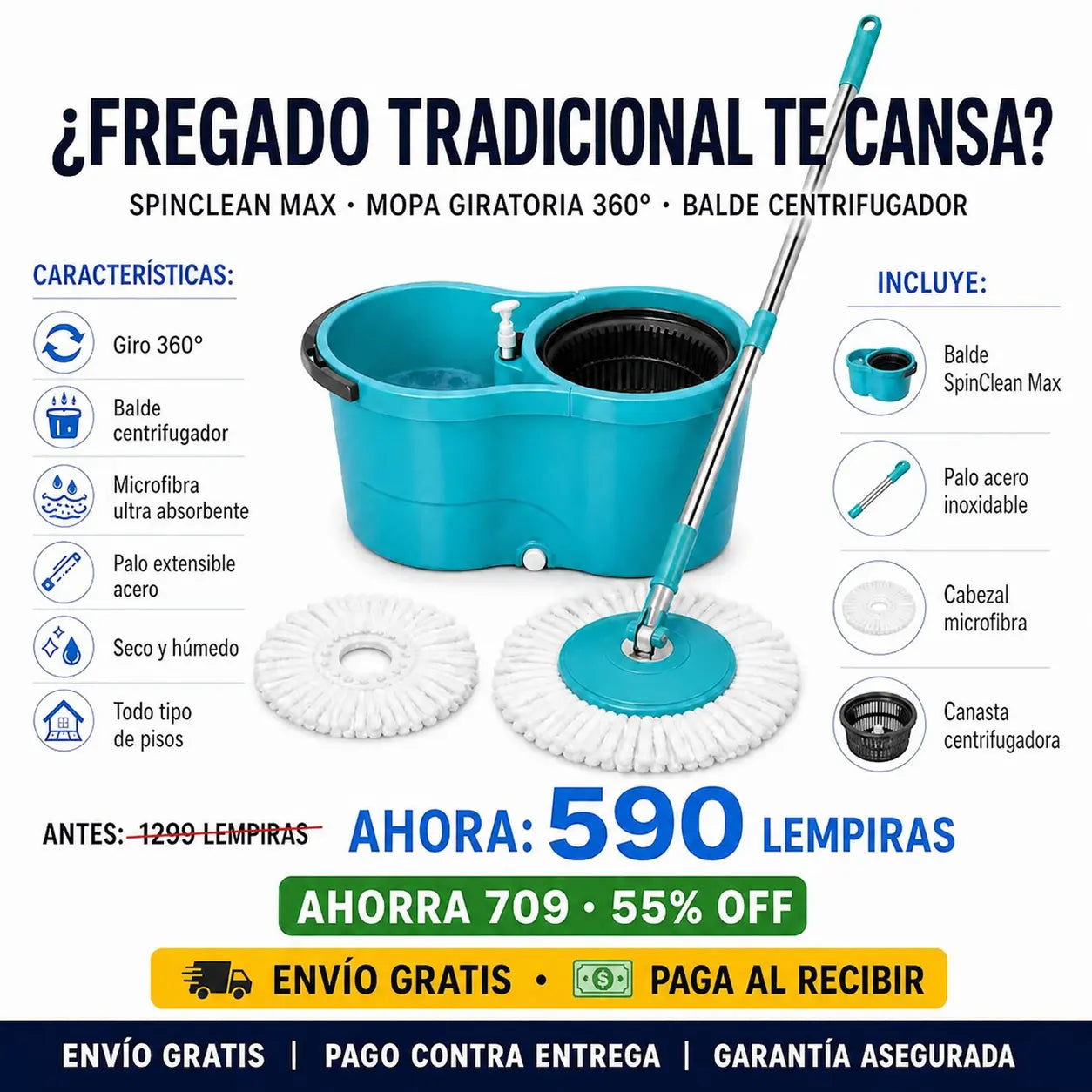 🧹 SpinClean Max — ¡Pisos Impecables Sin Ensuciar las Manos!