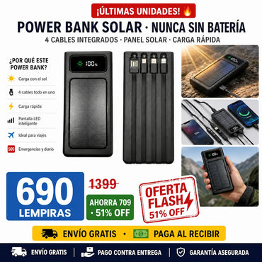 🔋☀️ Power Bank Solar 20,000mAh — 4 Cables Integrados | Carga Rápida | Pantalla LED | Envío Gratis 🚀⚡