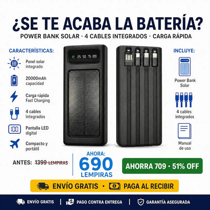 🔋☀️ Power Bank Solar 20,000mAh — 4 Cables Integrados | Carga Rápida | Pantalla LED | Envío Gratis 🚀⚡