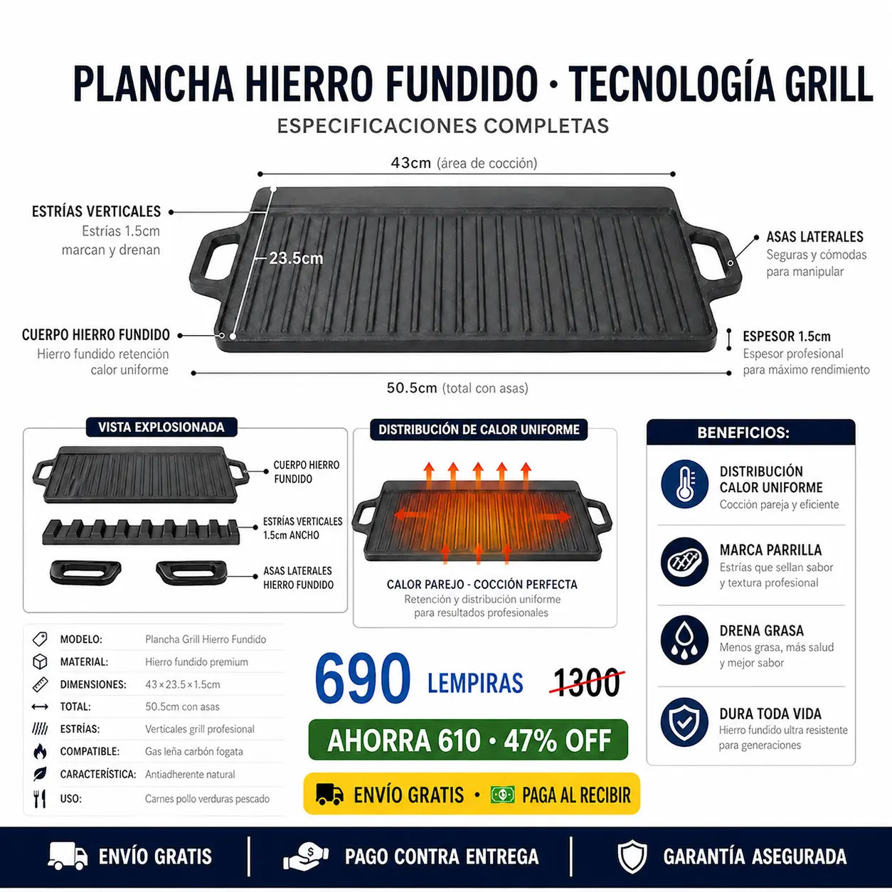 🔥 Plancha Grill de Hierro Fundido — ¡Cocinás como Parrillero Profesional en Casa!