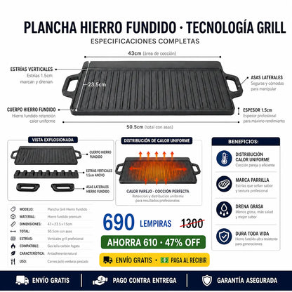 🔥 Plancha Grill de Hierro Fundido — ¡Cocinás como Parrillero Profesional en Casa!