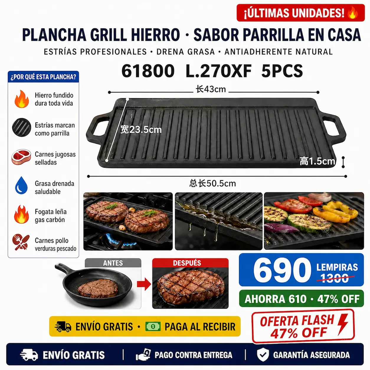 🔥 Plancha Grill de Hierro Fundido — ¡Cocinás como Parrillero Profesional en Casa!