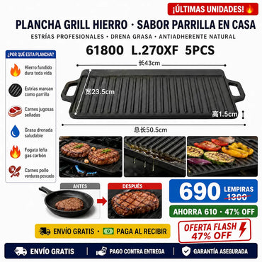 🔥 Plancha Grill de Hierro Fundido — ¡Cocinás como Parrillero Profesional en Casa!