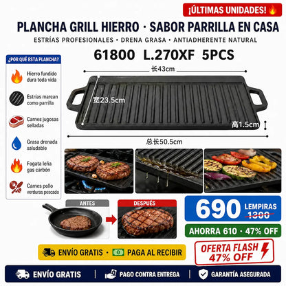 🔥 Plancha Grill de Hierro Fundido — ¡Cocinás como Parrillero Profesional en Casa!