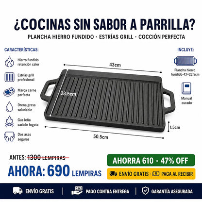 🔥 Plancha Grill de Hierro Fundido — ¡Cocinás como Parrillero Profesional en Casa!