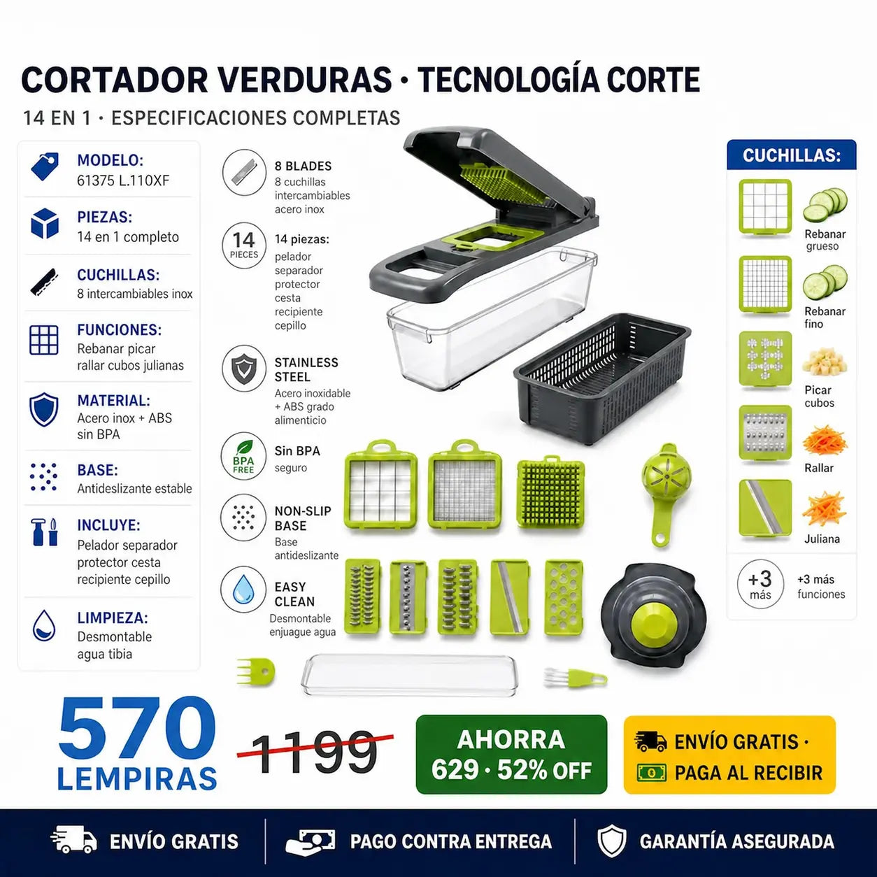🥦🔪 Cortadora de Verduras 14 en 1 — 8 Cuchillas de Acero | Sin Llorar Picando Cebolla | Todo en Minutos ⚡✨