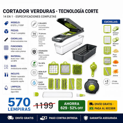 🥦🔪 Cortadora de Verduras 14 en 1 — 8 Cuchillas de Acero | Sin Llorar Picando Cebolla | Todo en Minutos ⚡✨