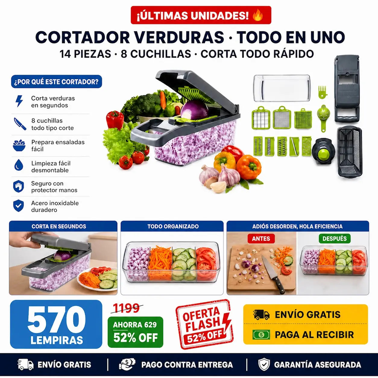 🥦🔪 Cortadora de Verduras 14 en 1 — 8 Cuchillas de Acero | Sin Llorar Picando Cebolla | Todo en Minutos ⚡✨