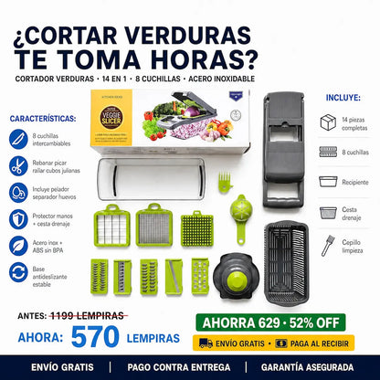 🥦🔪 Cortadora de Verduras 14 en 1 — 8 Cuchillas de Acero | Sin Llorar Picando Cebolla | Todo en Minutos ⚡✨