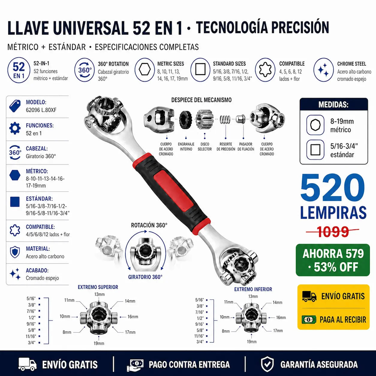 Llave Multifuncional 52 en 1 — Cabezal Giratorio 360° | Métrico y Estándar | Acero Alto Carbono ⚙️✨