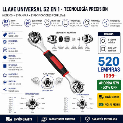 Llave Multifuncional 52 en 1 — Cabezal Giratorio 360° | Métrico y Estándar | Acero Alto Carbono ⚙️✨
