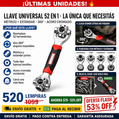 Llave Multifuncional 52 en 1 — Cabezal Giratorio 360° | Métrico y Estándar | Acero Alto Carbono ⚙️✨