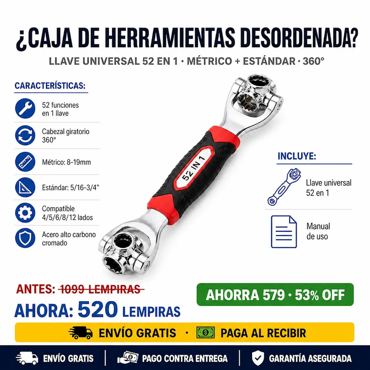 Llave Multifuncional 52 en 1 — Cabezal Giratorio 360° | Métrico y Estándar | Acero Alto Carbono ⚙️✨