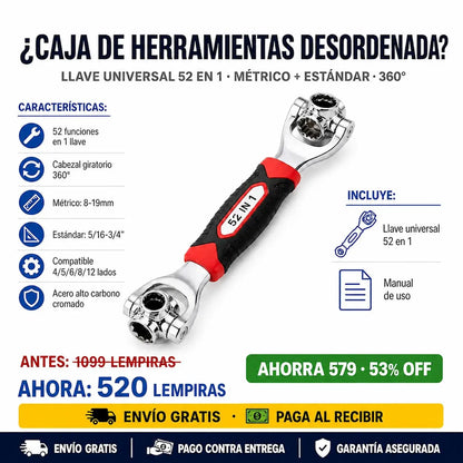 Llave Multifuncional 52 en 1 — Cabezal Giratorio 360° | Métrico y Estándar | Acero Alto Carbono ⚙️✨