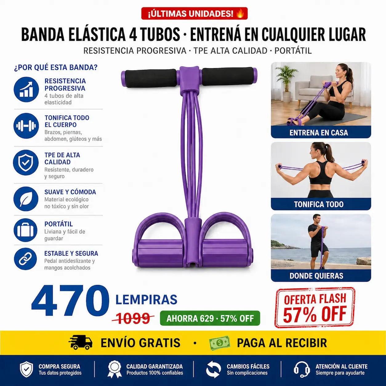 Banda de Resistencia con Pedal — Gym en Casa | Brazos, Abdomen y Piernas | Sin Membresía 🏋️🇭🇳