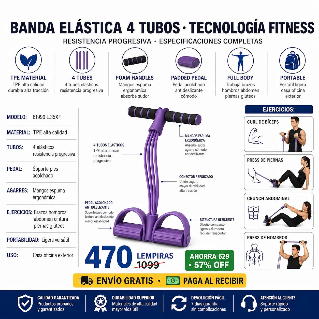 Banda de Resistencia con Pedal — Gym en Casa | Brazos, Abdomen y Piernas | Sin Membresía 🏋️🇭🇳