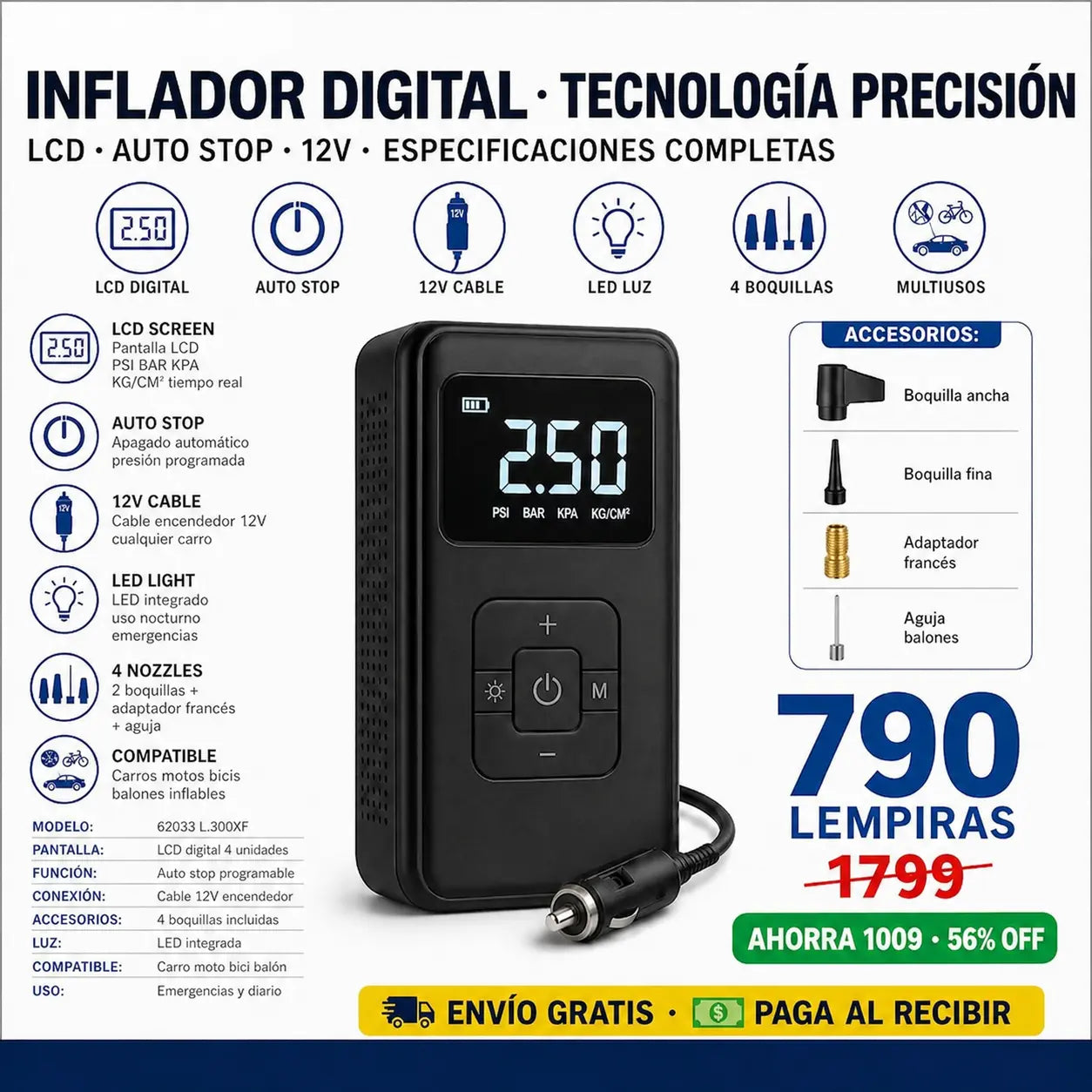 Compresor de Aire Digital Portátil — Apagado Automático | Pantalla LCD | Para Carro, Moto y Bici ⚡🛞