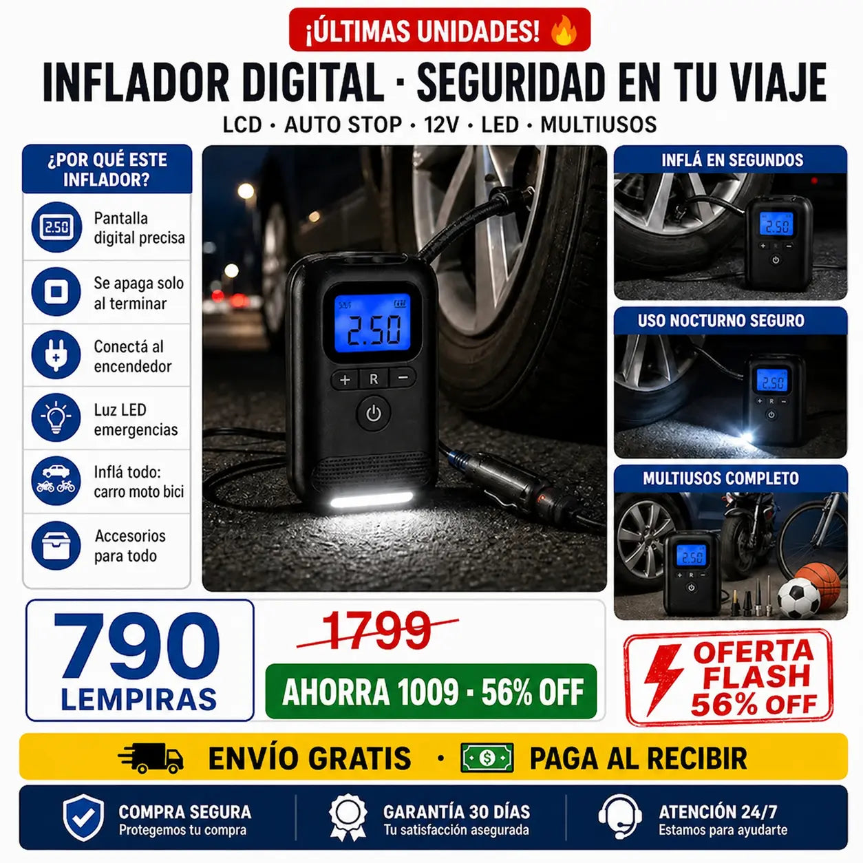 Compresor de Aire Digital Portátil — Apagado Automático | Pantalla LCD | Para Carro, Moto y Bici ⚡🛞
