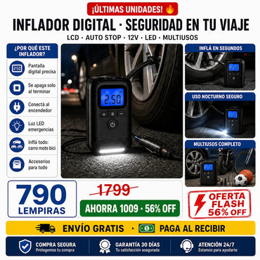 Compresor de Aire Digital Portátil — Apagado Automático | Pantalla LCD | Para Carro, Moto y Bici ⚡🛞