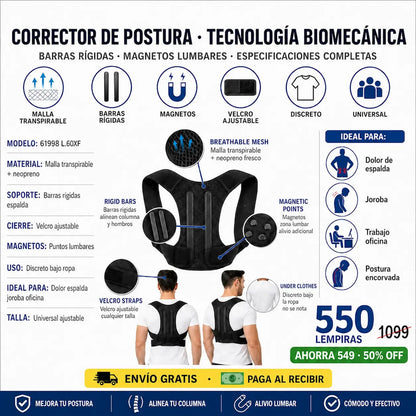 Corrector de Postura con Soporte Lumbar — Magnetos + Barras | Discreto Bajo la Ropa | Alivio Desde el 1er Día 💪⬆️