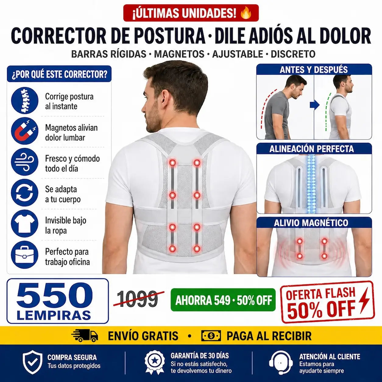 Corrector de Postura con Soporte Lumbar — Magnetos + Barras | Discreto Bajo la Ropa | Alivio Desde el 1er Día 💪⬆️