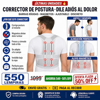 Corrector de Postura con Soporte Lumbar — Magnetos + Barras | Discreto Bajo la Ropa | Alivio Desde el 1er Día 💪⬆️