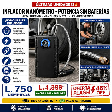 Bomba de Aire de Alta Presión con Manómetro Mecánico — Sin Baterías | Manguera Metálica | Para Camionetas y 4x4 💪🛞